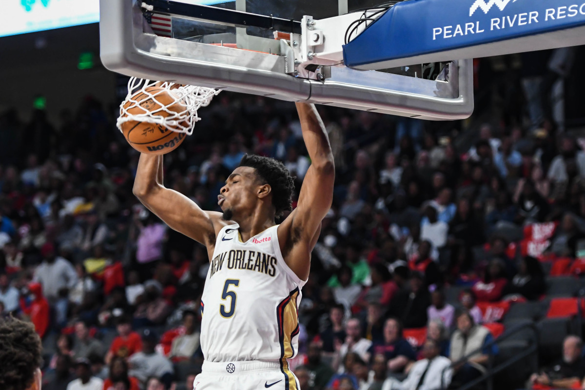 Oct 14, 2022; Birmingham, Alabama, USA; New Orleans Pelicans guard Herb Jones (5) dunks the ball against the Atlanta Hawks in the second quarter at Legacy Arena at BJCC. Mandatory Credit: Larry Robinson-USA TODAY Sports