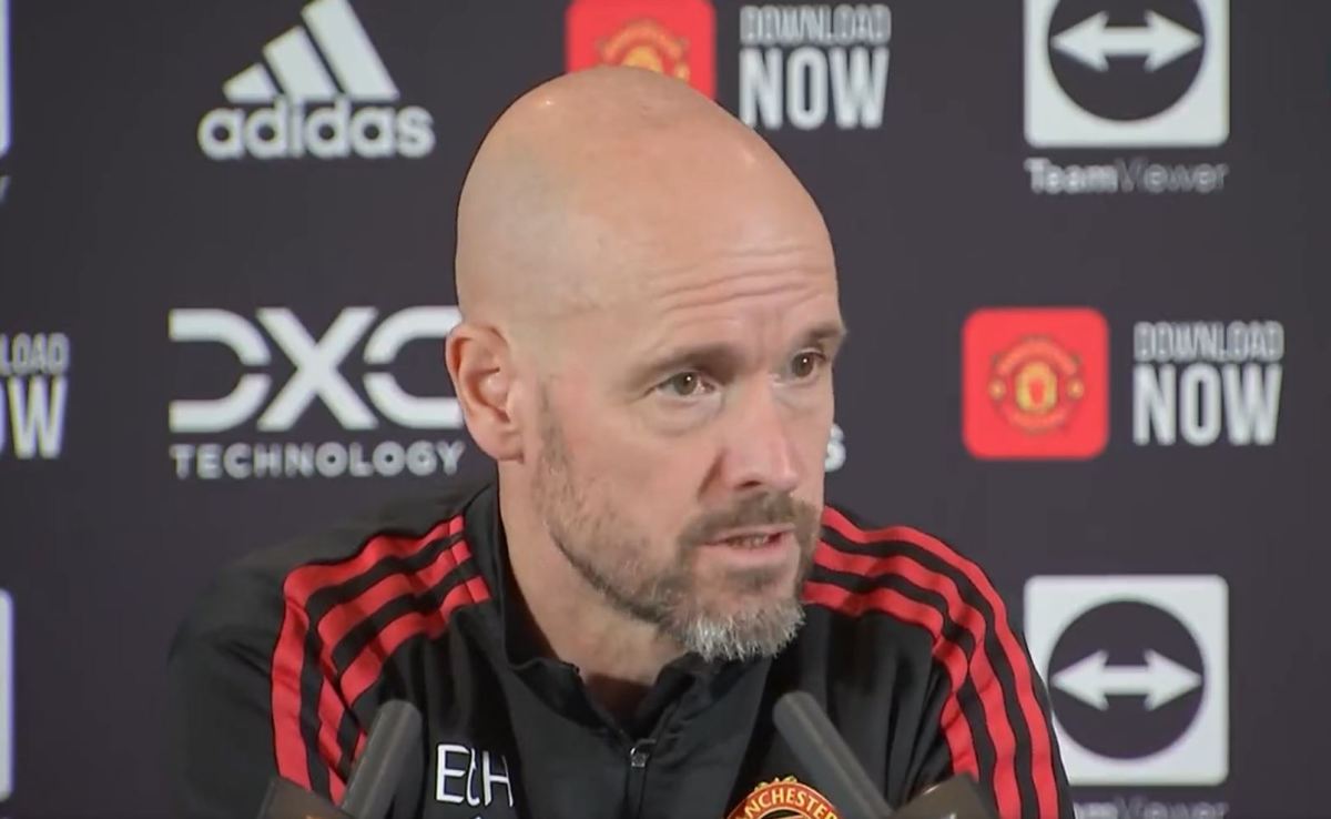 Erik ten Hag pictured answering questions about Cristiano Ronaldo during a press conference on the eve of Manchester United's EPL game at Chelsea in October 2022