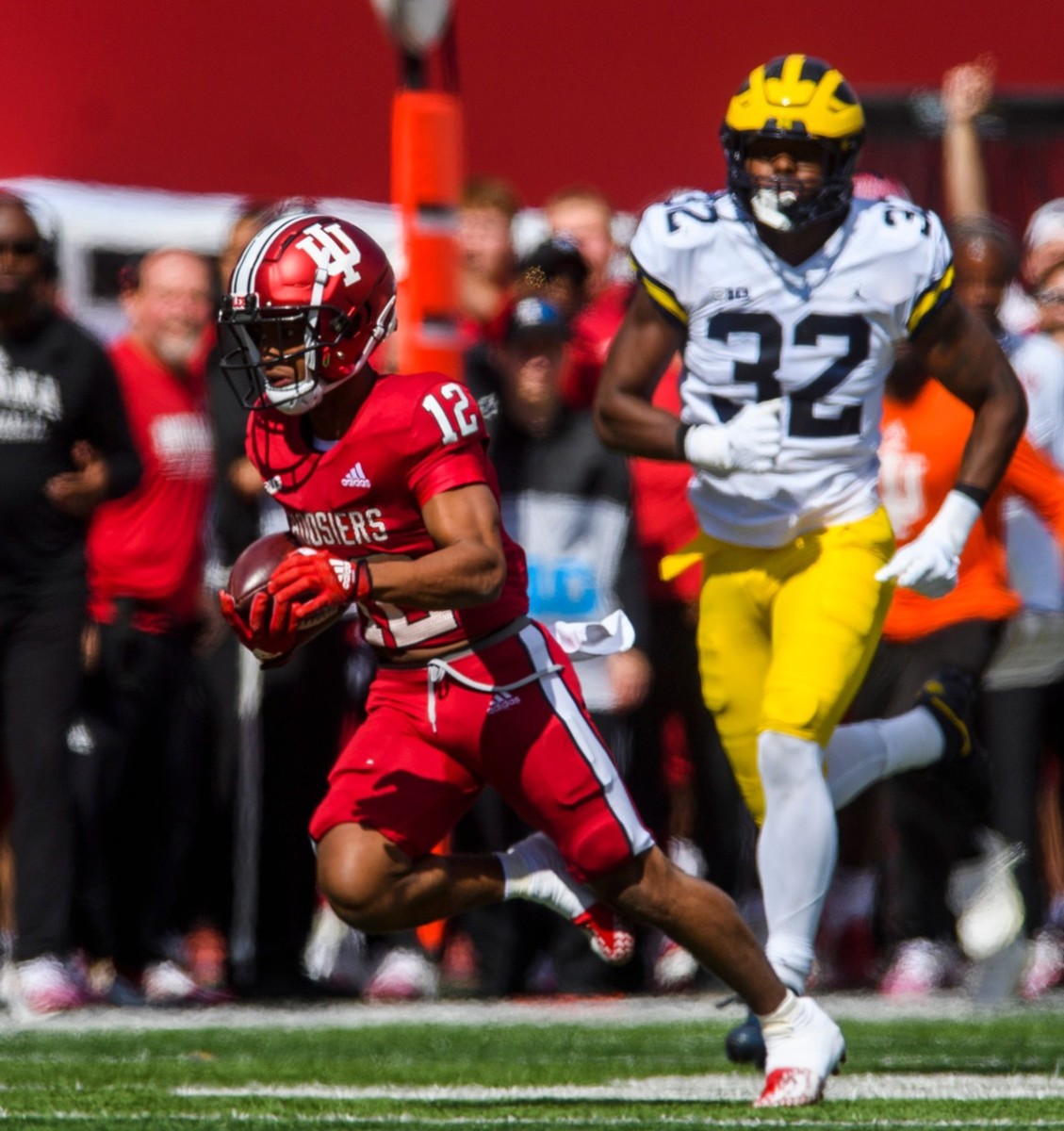 Indiana's Jaylin Lucas (12) runs during the Indiana versus Michigan football game at Memorial Stadium on Saturday, Oct. 8, 2022.