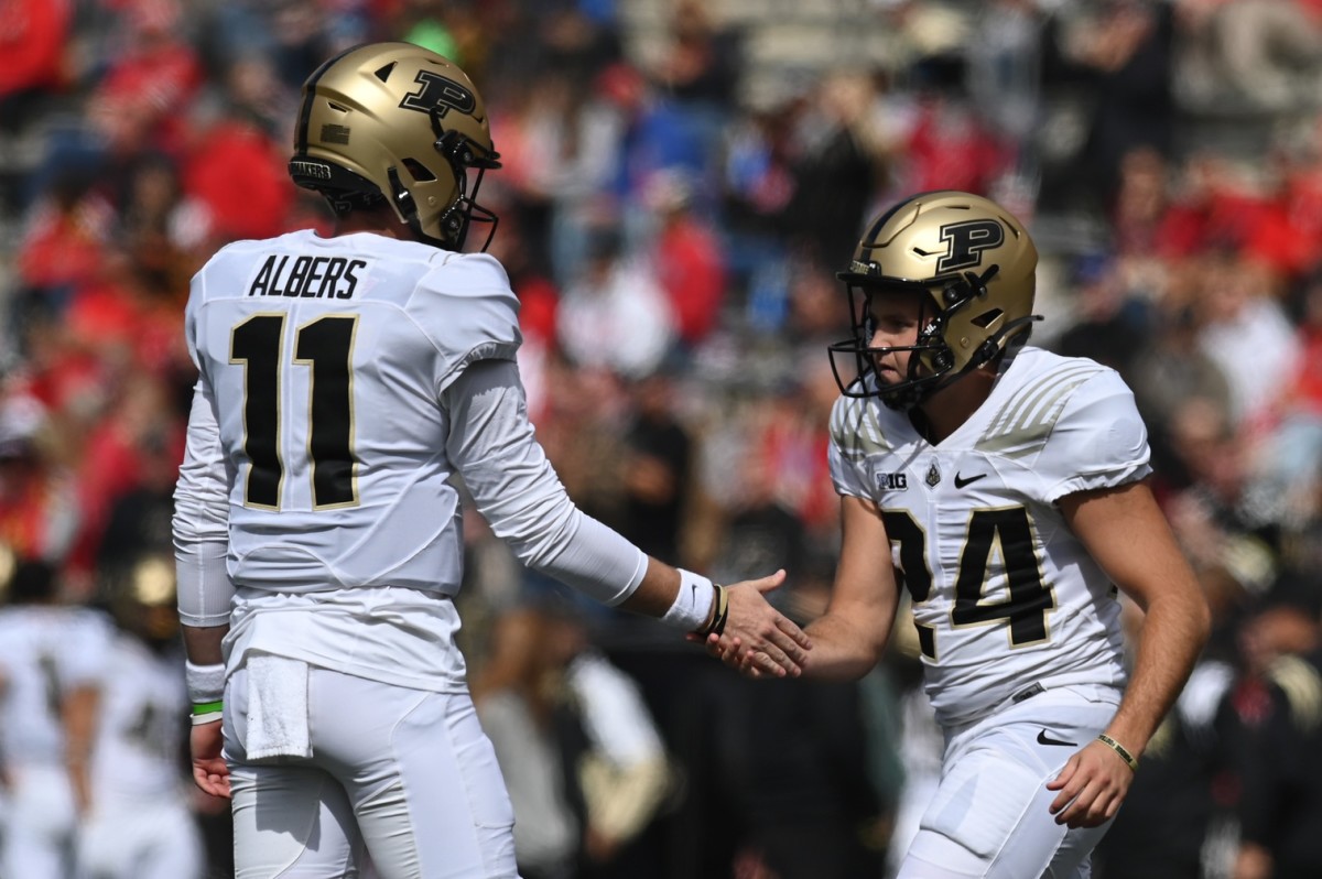 Oct 8, 2022; College Park, Maryland, USA; Purdue Boilermakers place kicker Mitchell Fineran (24) reacts after making a first-half field goal against the Maryland Terrapins at SECU Stadium.
