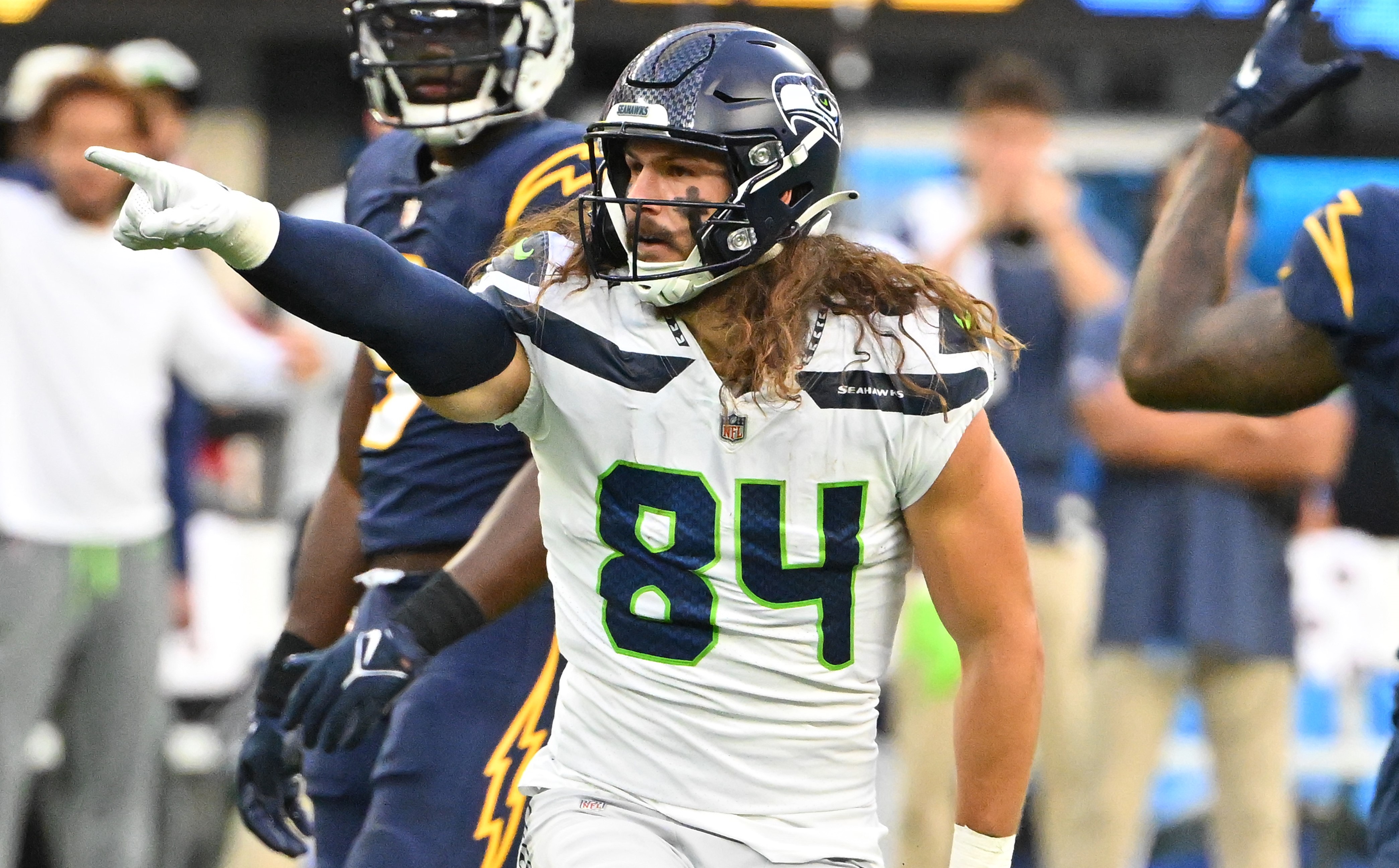 Seattle Seahawks tight end Colby Parkinson (84) walks off the field during  an NFL football game against the Las Vegas Raiders, Sunday, Nov. 27, 2022,  in Seattle, WA. The Raiders defeated the