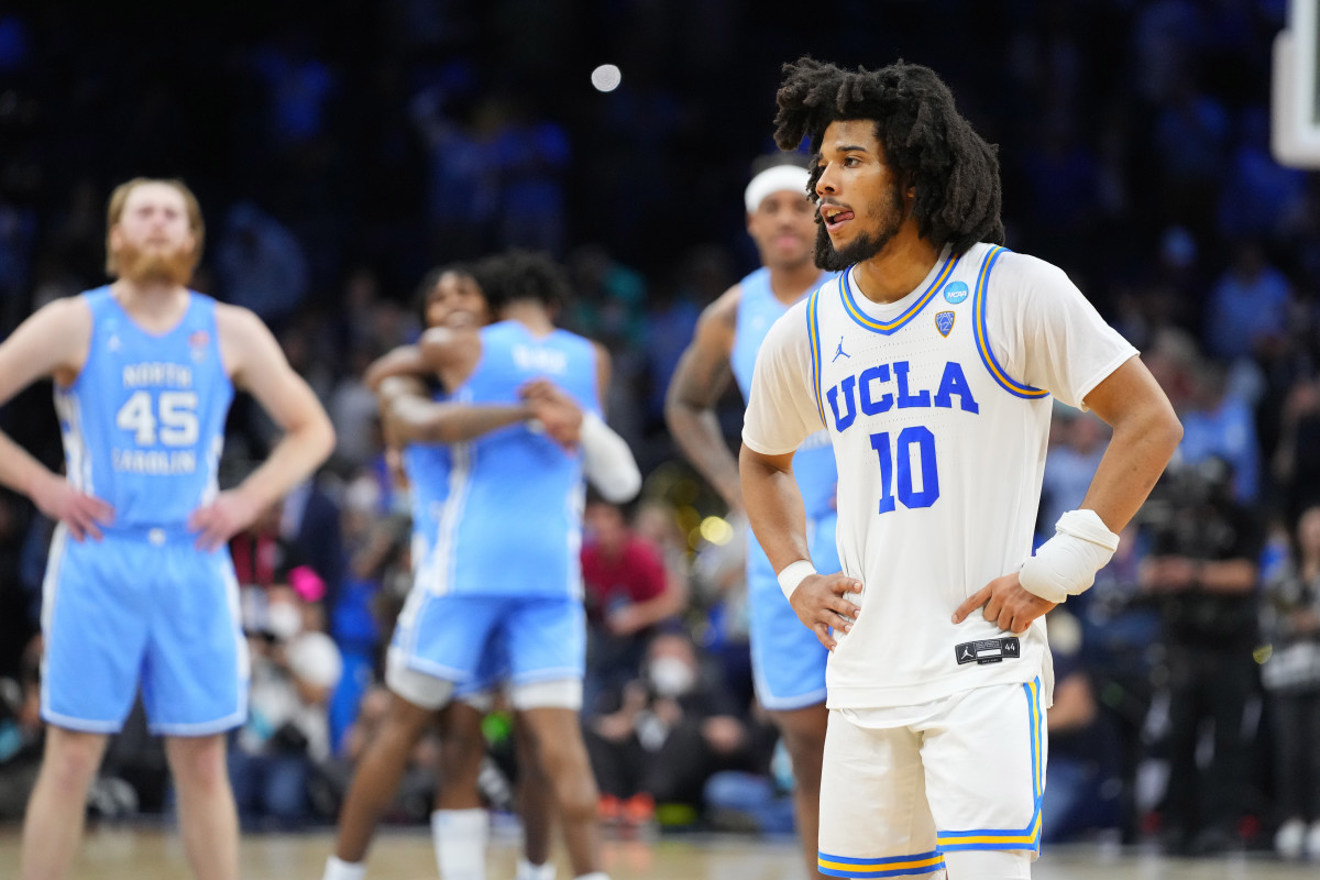 UCLA Bruins guard Tyger Campbell (10) reacts as time runs out in the second half against the North Carolina Tar Heels in the semifinals of the East regional of the men's college basketball NCAA Tournament at Wells Fargo Center.