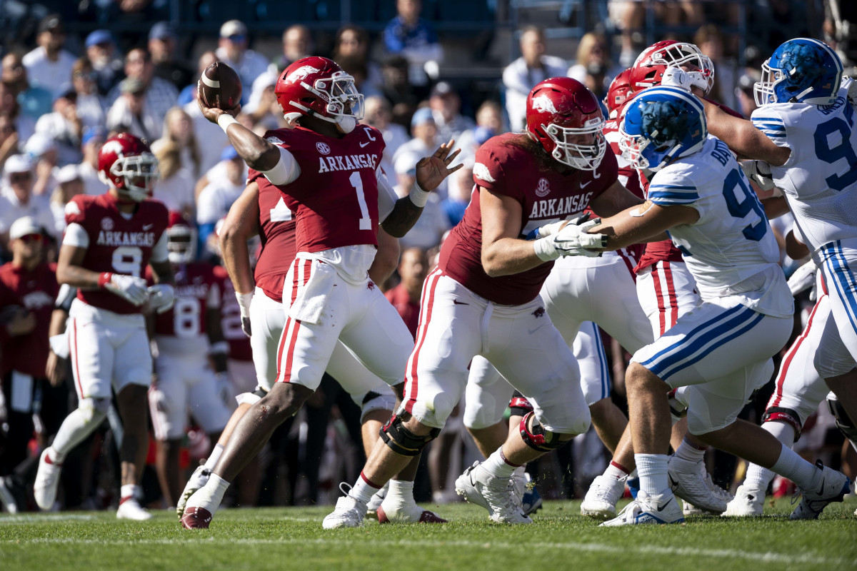 Oct 15, 2022; Provo, Utah, USA; Arkansas Razorbacks quarterback KJ Jefferson throws the ball in the first half as the Razorbacks face the Brigham Young University Cougars at LaVell Edwards Stadium. Mandatory Credit: Gabriel Mayberry-USA TODAY Sports