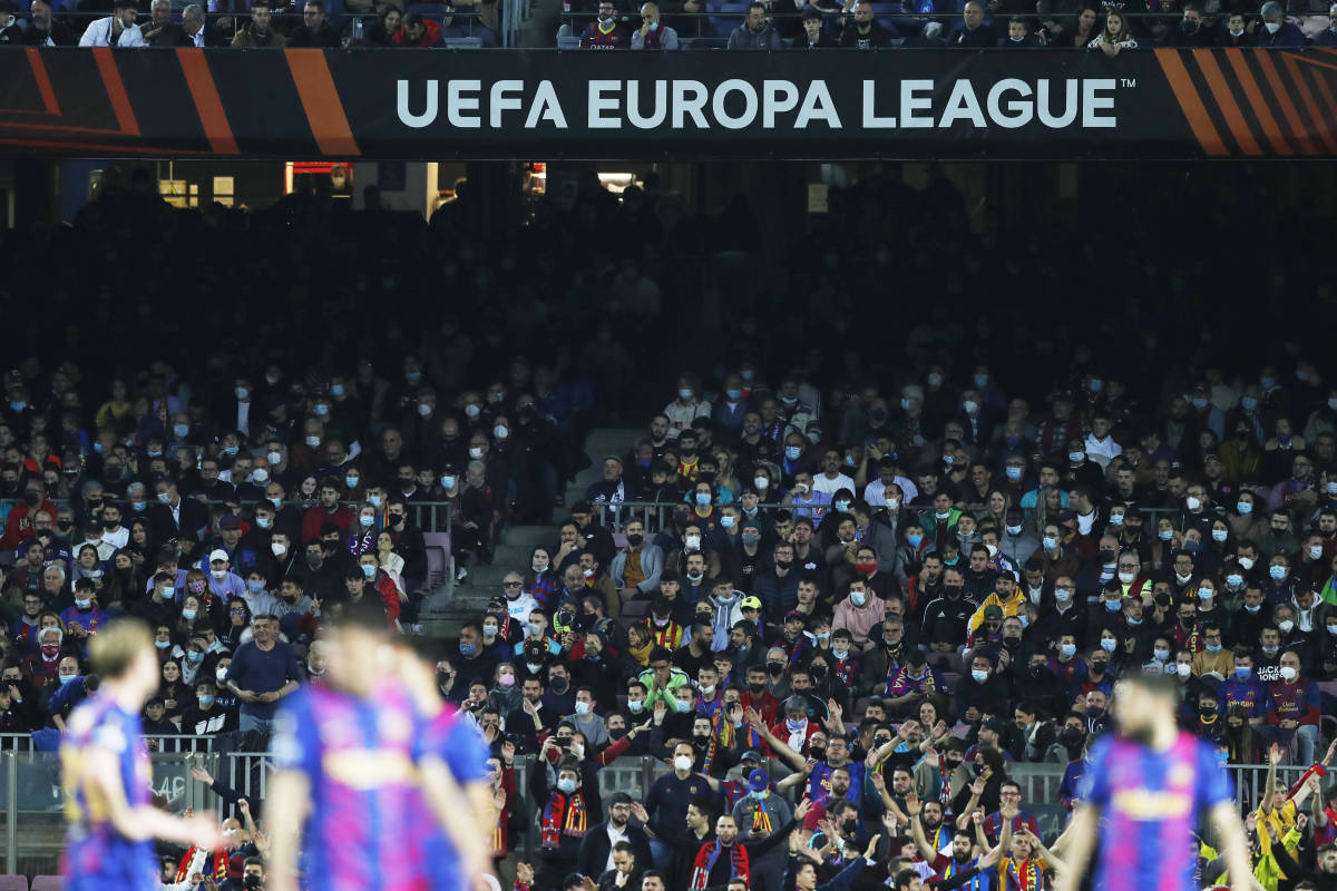 An action shot from the Europa League game between Barcelona and Napoli at the Camp Nou in February 2022