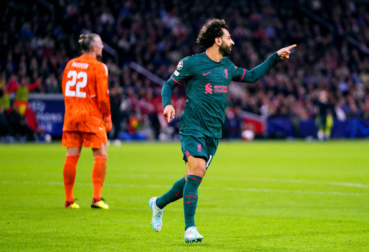 Mo Salah pictured celebrating after scoring for Liverpool in a 3-0 win at Ajax in October 2022