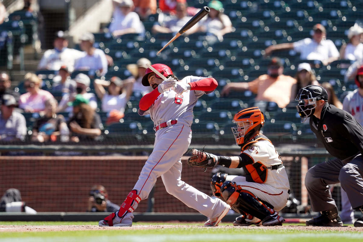 Angels infielder Anthony Rendon breaks his bat in a swing during a game against the SF Giants. (2021)