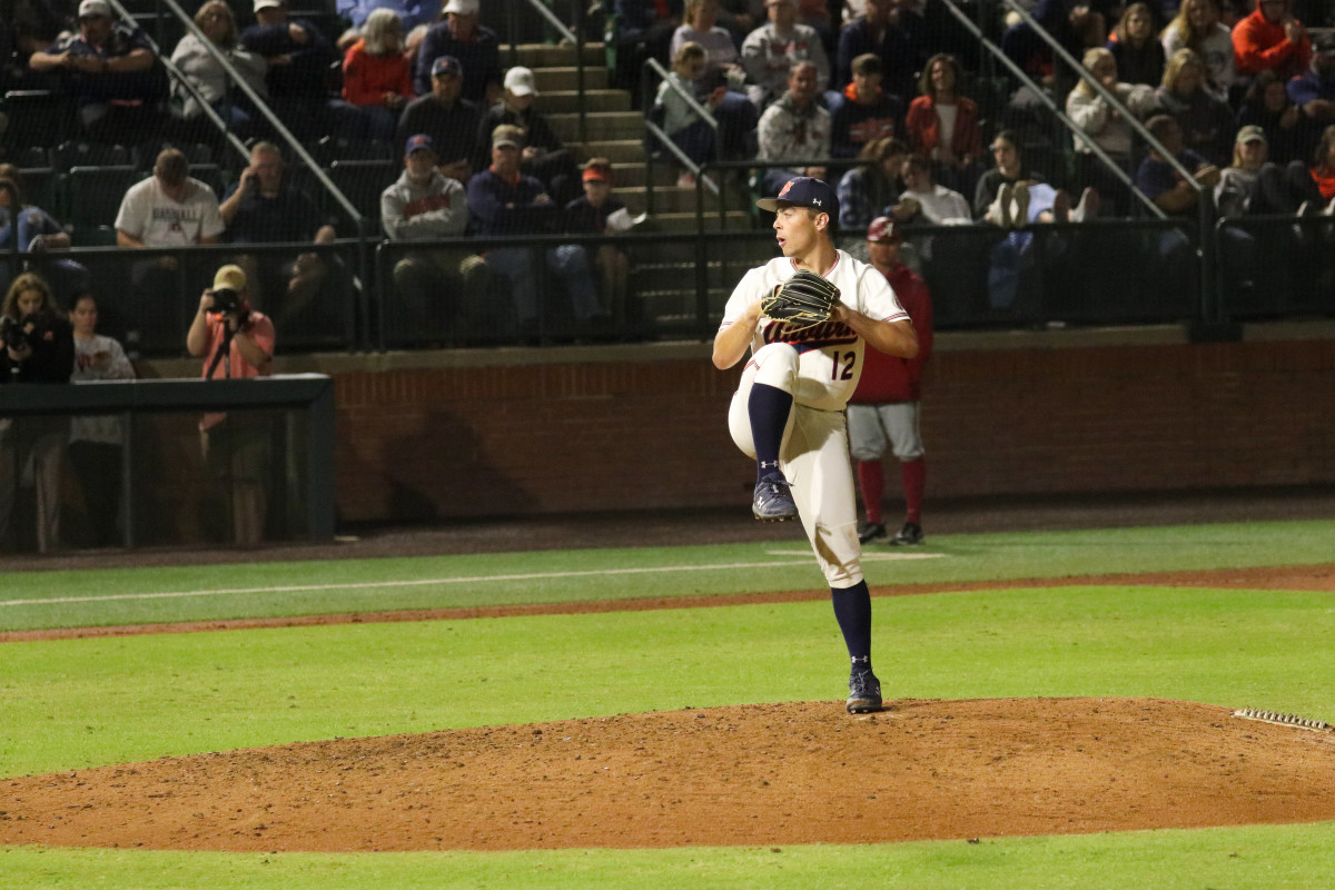 Drew Nelson on the mound for Auburn baseball against Alabama.