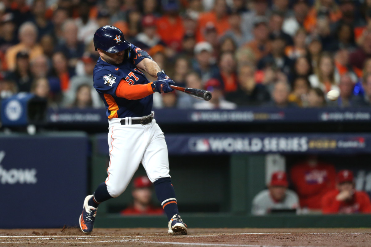 Houston Astros Jose Altuve at bat against Phillies in Game 3 of the 2022  World Series - Gold Medal Impressions