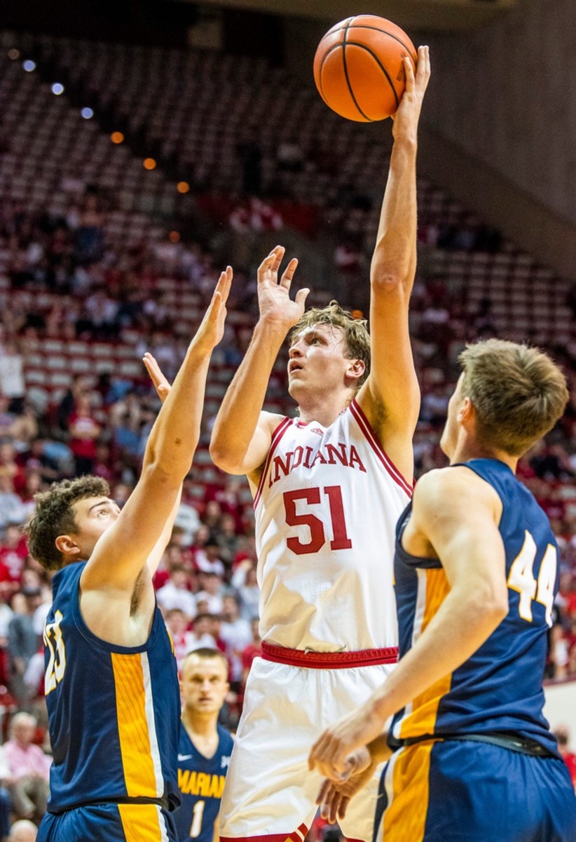 Indiana's Logan Duncomb (51) shoots during the second half of the Indiana versus Marian men's basketball game at Simon Skjodt Assembly Hall on Saturday, Oct. 29, 2022