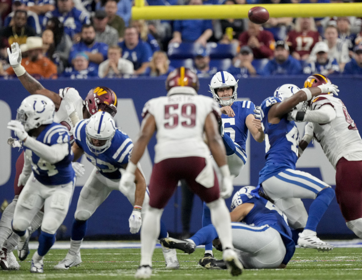 Oct 30, 2022; Indianapolis, Indiana, USA; Indianapolis Colts punter Matt Haack (6) punts the ball during the game against the Washington Commanders at Lucas Oil Stadium in Indianapolis.