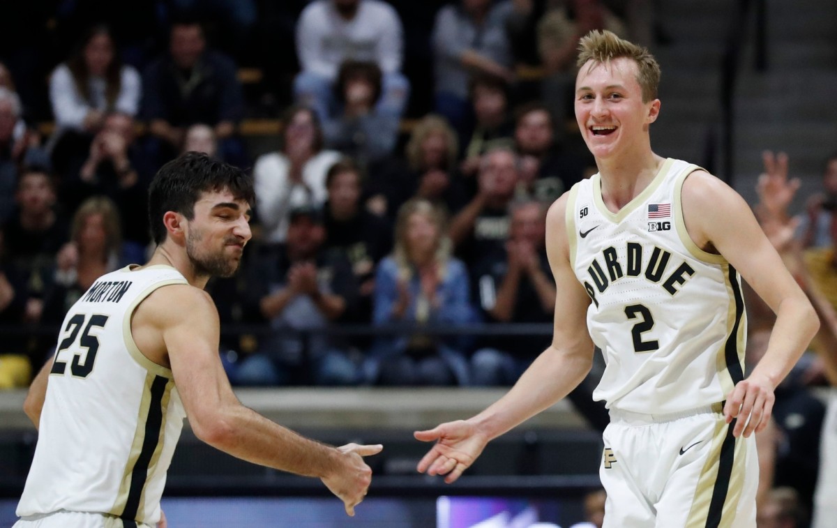 Purdue Boilermakers Ethan Morton (25) celebrates with Fletcher Loyer (2) during an NCAA men's basketball exhibition game against the Truman State Bulldogs, Wednesday, Nov. 2, 2022, at Mackey Arena in West Lafayette, Ind.