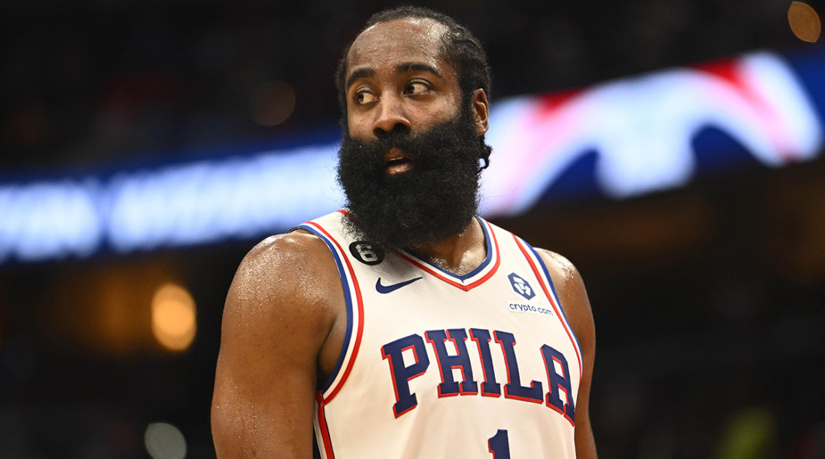 Philadelphia 76ers guard James Harden (1) on the court against the Washington Wizards during the second half at Capital One Arena.