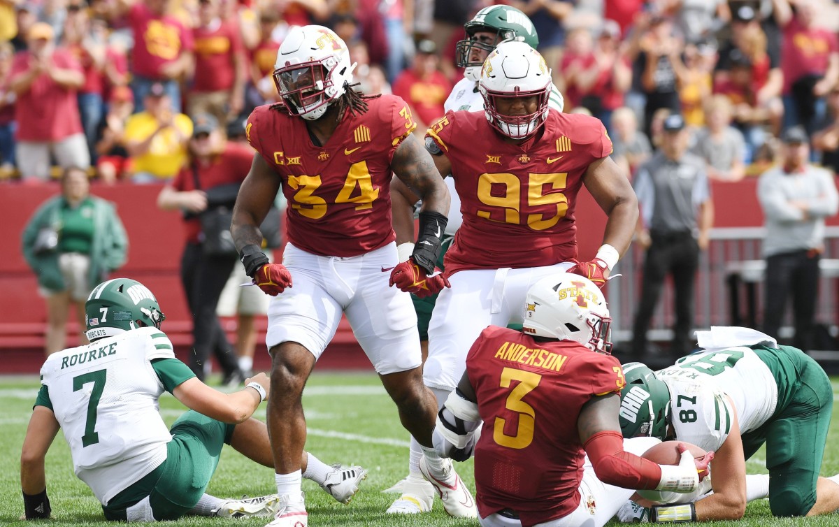 Iowa State Cyclones linebacker O'Rien Vance (34) celebrates after defensive lineman MJ Anderson (3) recover a fumble against the Ohio Bobcats during the first quarter at Jack Trice Stadium Saturday, Sept. 17, 2022, in Ames, Iowa.