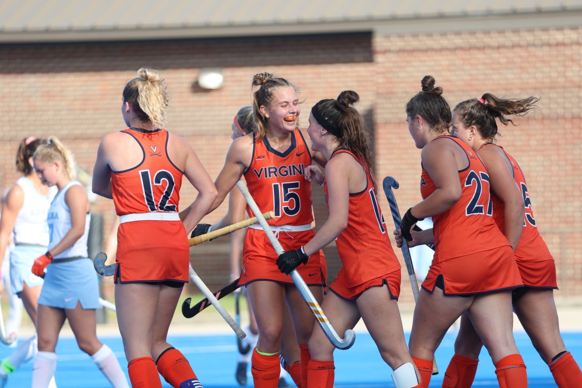 Laura Janssen celebrates with her teammates after scoring a goal for the Virginia Cavaliers against the North Carolina Tar Heels in the ACC Field Hockey Championship Game on Friday in Durham, North Carolina.