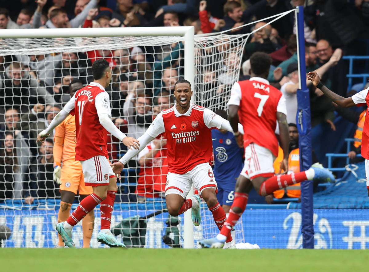 Arsenal defender Gabriel pictured (center) celebrating after scoring the winning goal in a 1-0 victory at Chelsea in November 2022