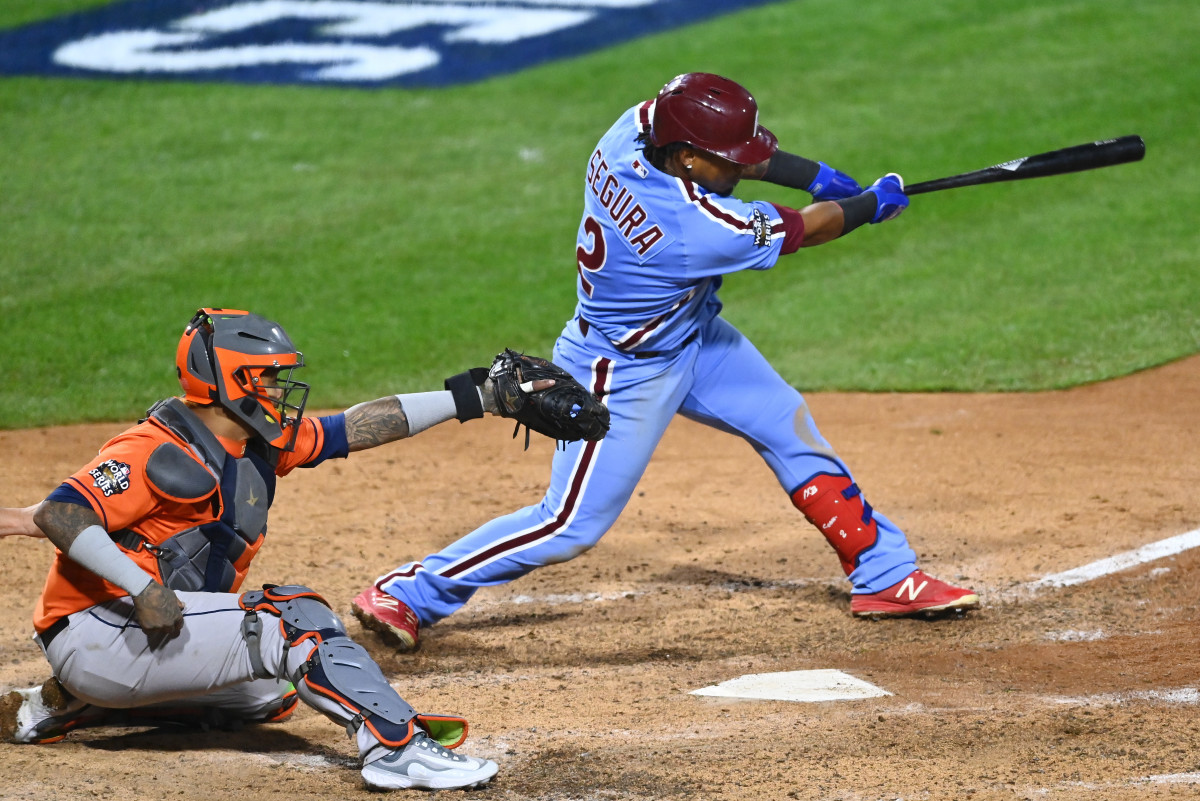 Philadelphia Phillies' Jean Segura steps in to bat against the Arizona  Diamondbacks during the ninth inning of a baseball game Monday, Aug. 5,  2019, in Phoenix. The Phillies defeated the Diamondbacks 7-3. (