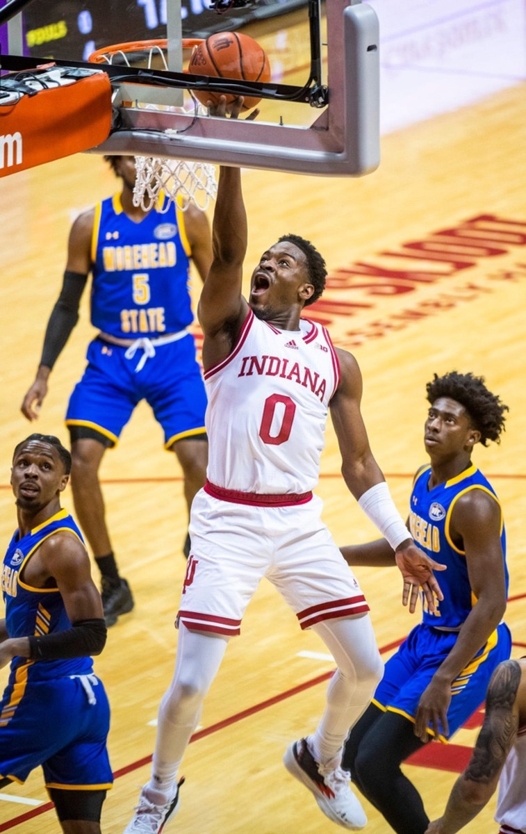 Indiana's Xavier Johnson (0) scores during the Indiana versus Morehead State men's basketball game at Simon Skjodt Assembly Hall on Monday, Nov. 7, 2022.