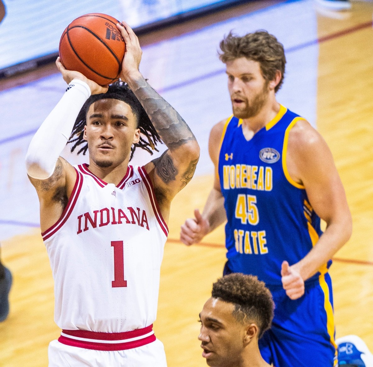 Indiana's Jalen Hood-Schifino (1) shoots during the Indiana versus Morehead State men's baskertball game at Simon Skjodt Assembly Hall on Monday, Nov. 7, 2022.