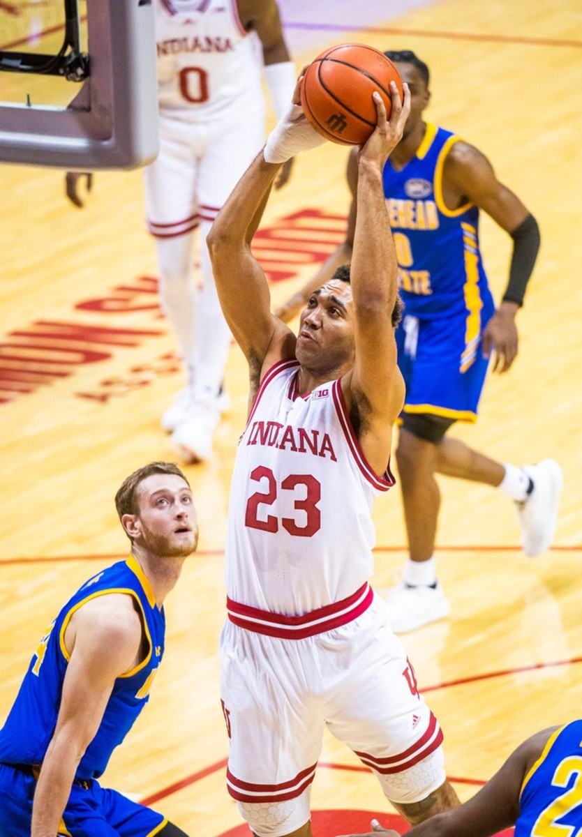 Indiana's Trayce Jackson-Davis (23) dunks during the Indiana versus Morehead State men's baskertball game at Simon Skjodt Assembly Hall on Monday, Nov. 7, 2022.