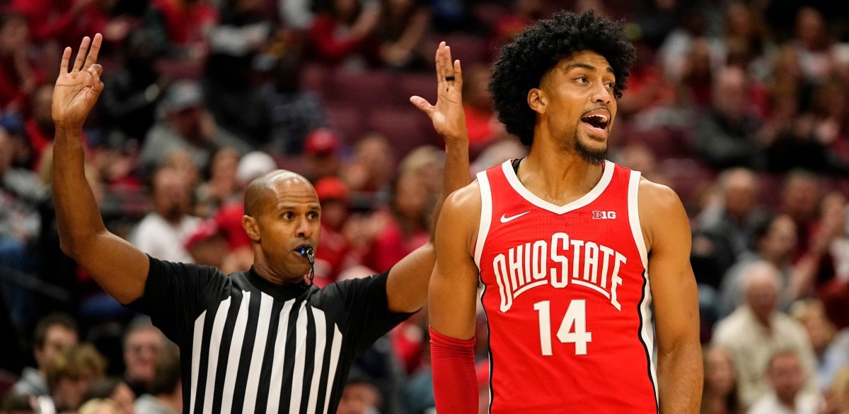 Ohio State guard Justice Sueing (14) celebrates a three pointer during the first half against  Robert Morris. (Adam Cairns-The Columbus Dispatch)