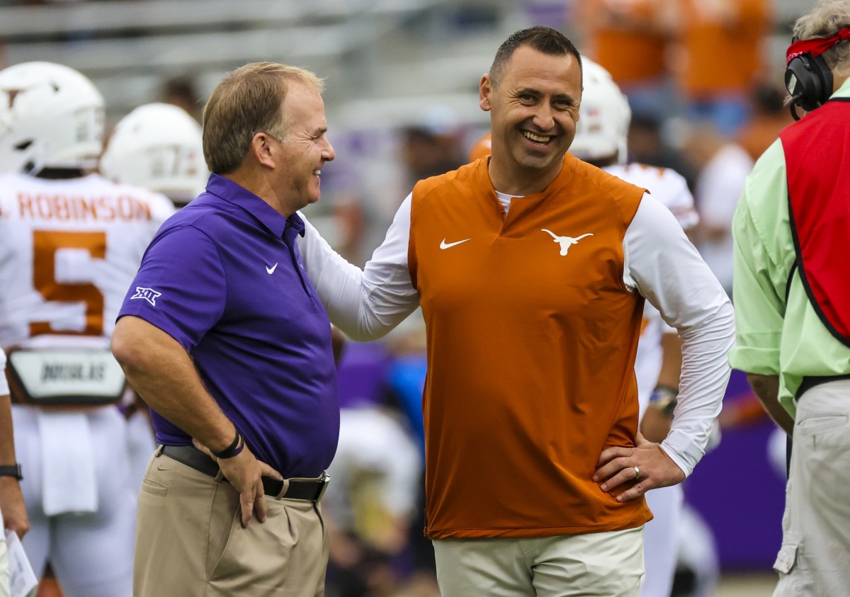 Gary Patterson and Texas Longhorns head coach Steve Sarkisian before the TCU/Texas game in 2021.