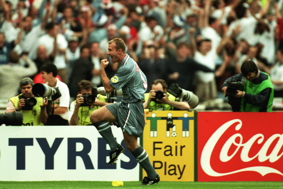 Alan Shearer pictured playing for England at Euro 1996