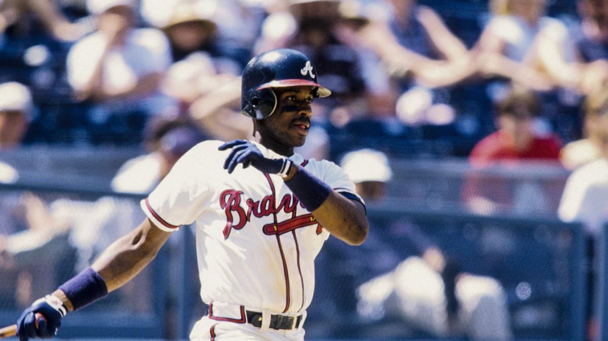 Atlanta Braves first baseman Fred McGriff after scoring a run in