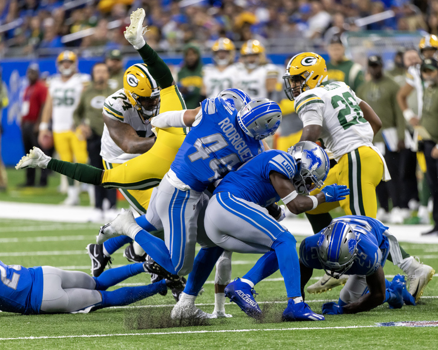 Detroit Lions linebacker Malcolm Rodriguez plays against the New England  Patriots during an NFL football game, Sunday, Oct. 9, 2022, in Foxborough,  Mass. (AP Photo/Michael Dwyer Stock Photo - Alamy