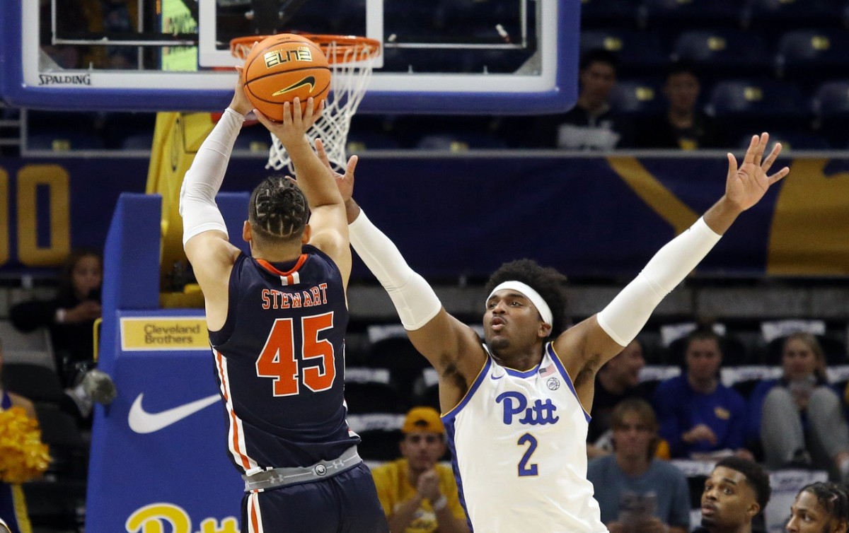 Nov 7, 2022; Pittsburgh, Pennsylvania, USA; Tennessee-Martin Skyhawks guard Parker Stewart (45) shoots against Pittsburgh Panthers forward Blake Hinson (2) during the first half at the Petersen Events Center.