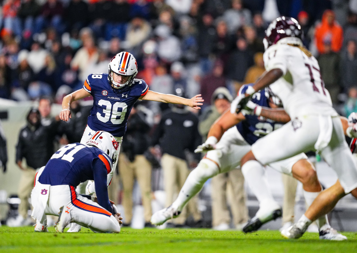 Alex McPherson (38) kicks in his first field goal during the game between Auburn and Texas A&M at Jordan-Hare Stadium. Zach Bland/AU Athletics