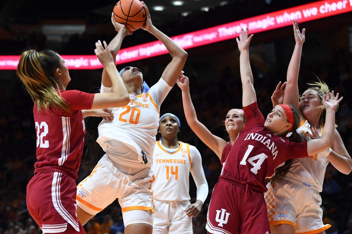 Tennessee center Tamari Key (20) scores on an offensive rebound during an NCAA college basketball game against Indiana on Monday, November 14, 2022 in Knoxville, Tenn.