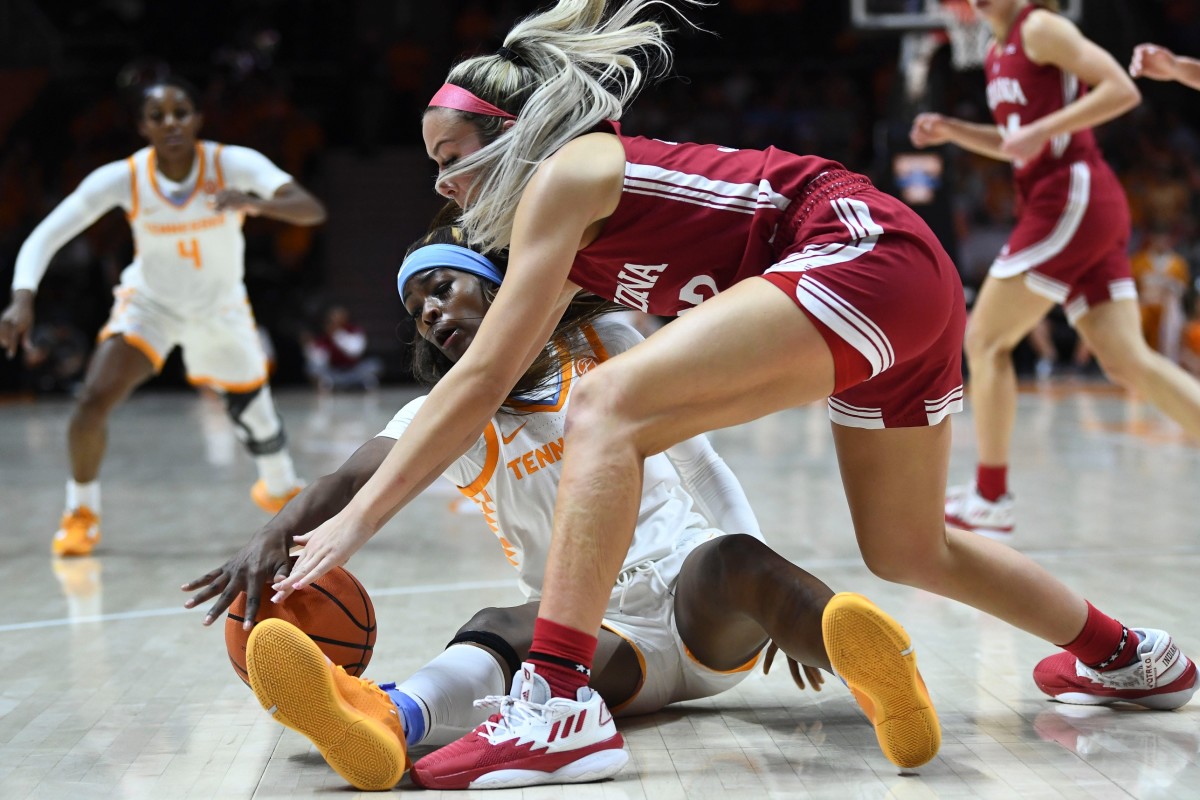 Tennessee forward Rickea Jackson (2) and Indiana guard Sydney Parrish (33) scramble after a loose ball during an NCAA college basketball game on Monday, November 14, 2022 in Knoxville, Tenn.
