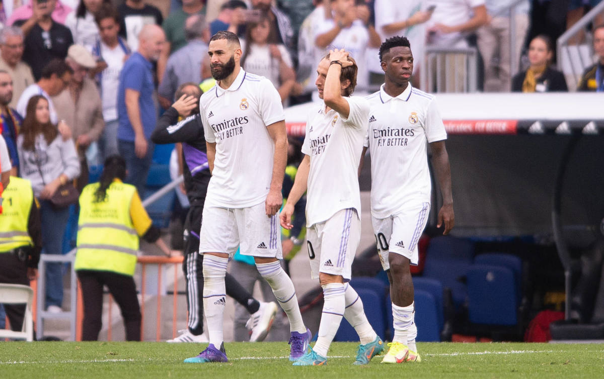 Karim Benzema (left), Luka Modric (center) and Vinicius Junior (right) pictured during Real Madrid's win over Barcelona in October 2022