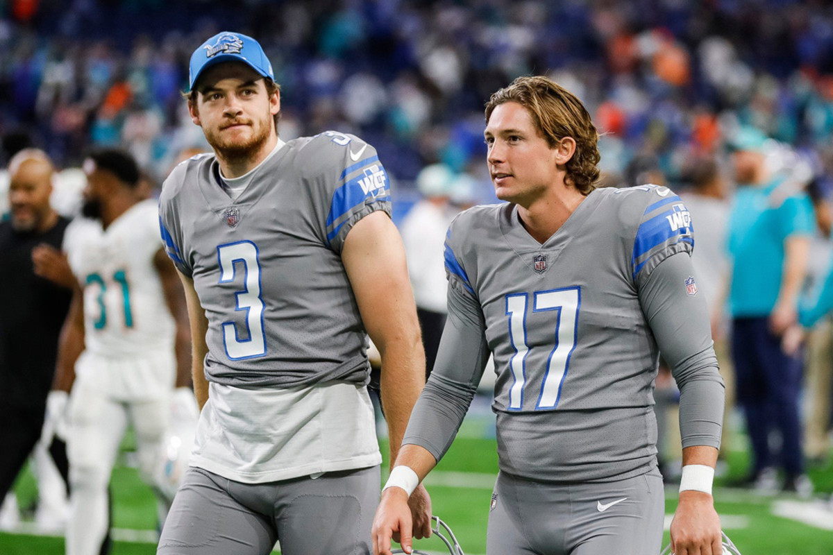 Detroit Lions punter Jack Fox (3) kicks off against the Seattle