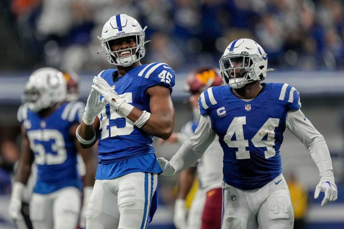 Indianapolis Colts linebacker E.J. Speed (45) celebrates after a play Sunday, Oct. 30, 2022, during a game against the Washington Commanders at Indianapolis Colts at Lucas Oil Stadium in Indianapolis.