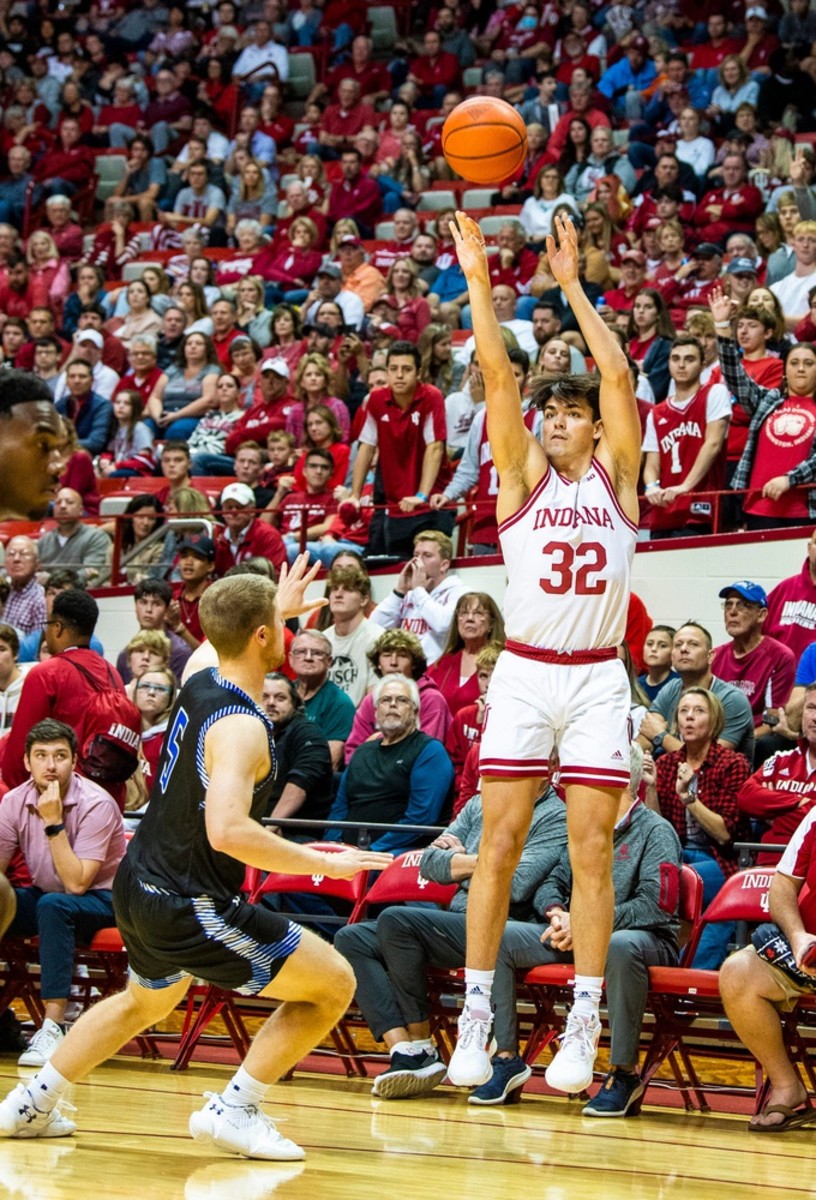 Indiana junior Trey Galloway (32) shoots a three-pointer against Saint Francis on Nov. 3. (Rich Janzaruk/USA TODAY Sports)