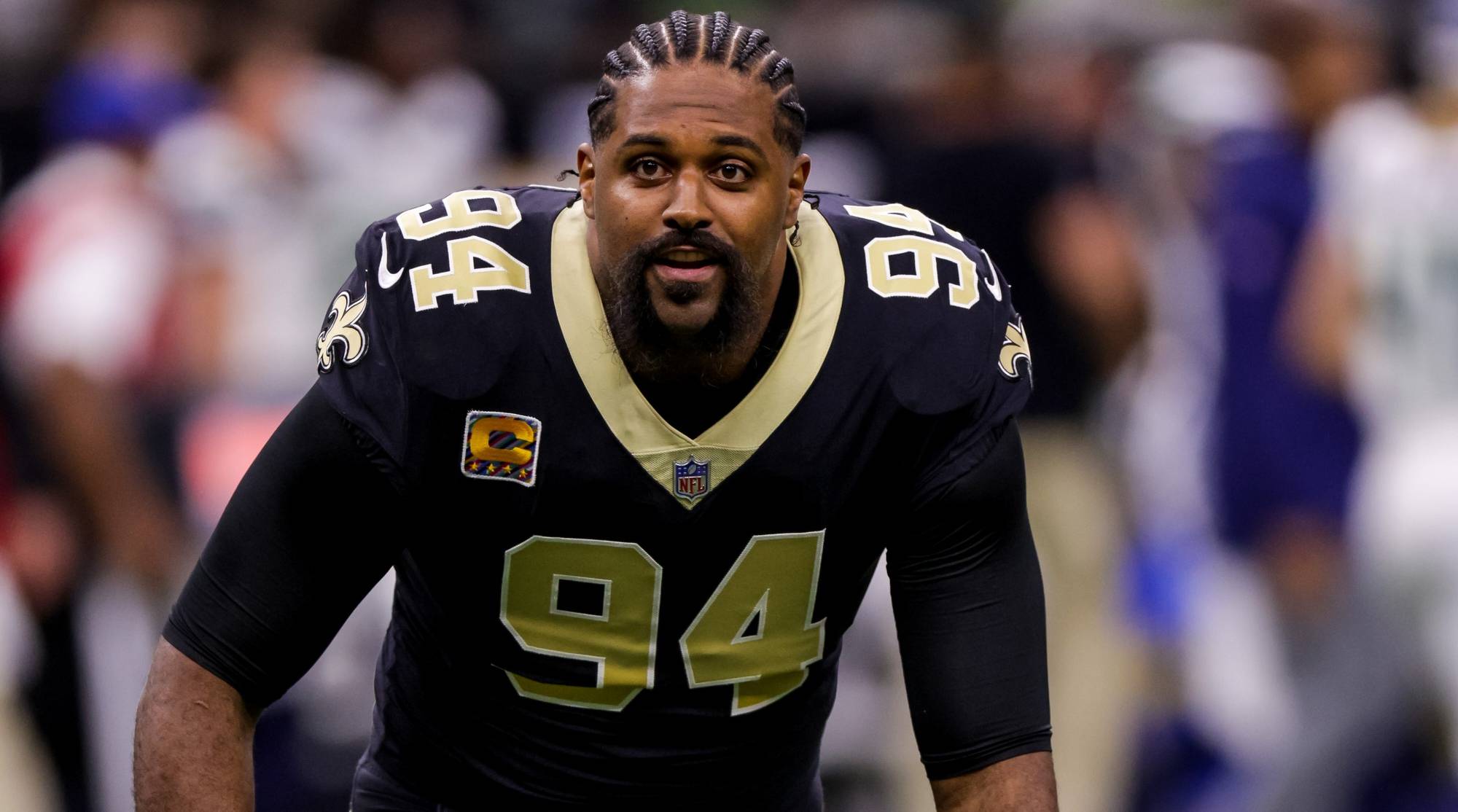 New Orleans Saints defensive end Cameron Jordan (94) signals during the  second half of an NFL football game against the Atlanta Falcons, Sunday,  Sep. 11, 2022, in Atlanta. The New Orleans Saints