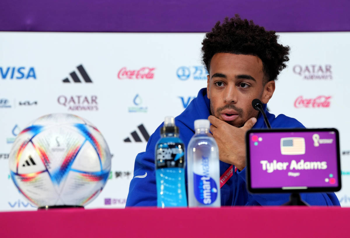 Tyler Adams pictured speaking to the media in Qatar after being officially selected as USA captain for the 2022 FIFA World Cup