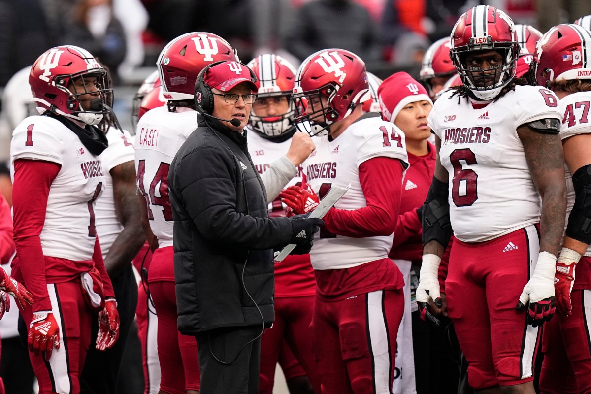 Nov 12, 2022; Columbus, Ohio, USA; Indiana Hoosiers head coach Tom Allen looks on from the huddle during a timeout in the second half of the NCAA football game at Ohio Stadium. Ohio State won 56-14.