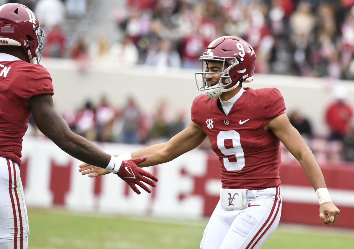 Nov 19, 2022; Tuscaloosa, Alabama, USA; Alabama quarterback Bryce Young (9) celebrates a touchdown with teammates at Bryant-Denny Stadium. Mandatory Credit: Gary Cosby Jr.-USA TODAY Sports