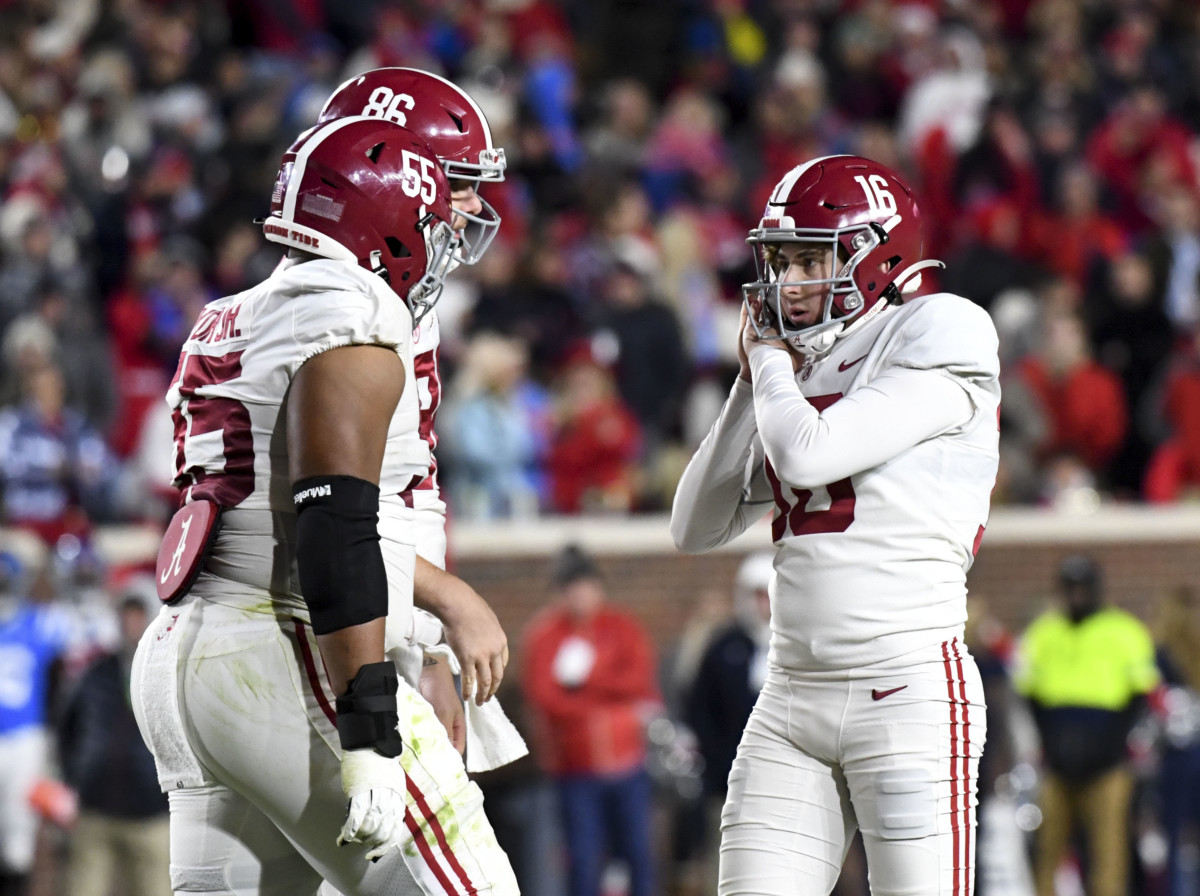 Nov 12, 2022; Oxford, Mississippi, USA; Alabama Crimson Tide place kicker Will Reichard (16) reacts after kicking a 49 yard field goal against the Ole Miss Rebels at Vaught-Hemingway Stadium. Alabama won 30-24. Mandatory Credit: Gary Cosby Jr.-USA TODAY Sports