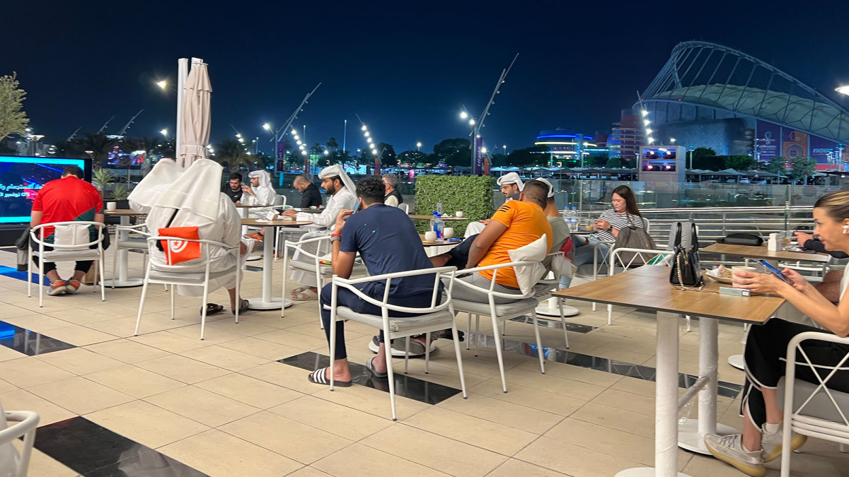 A rooftop bar in Qatar overlooking the Khalifa International Stadium in Doha.