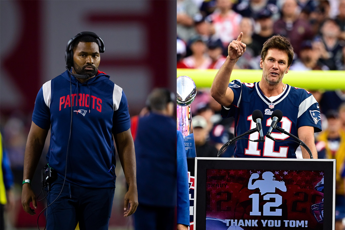 New England Patriots coach Jerod Mayo (left) and former quarterback Tom Brady (right).