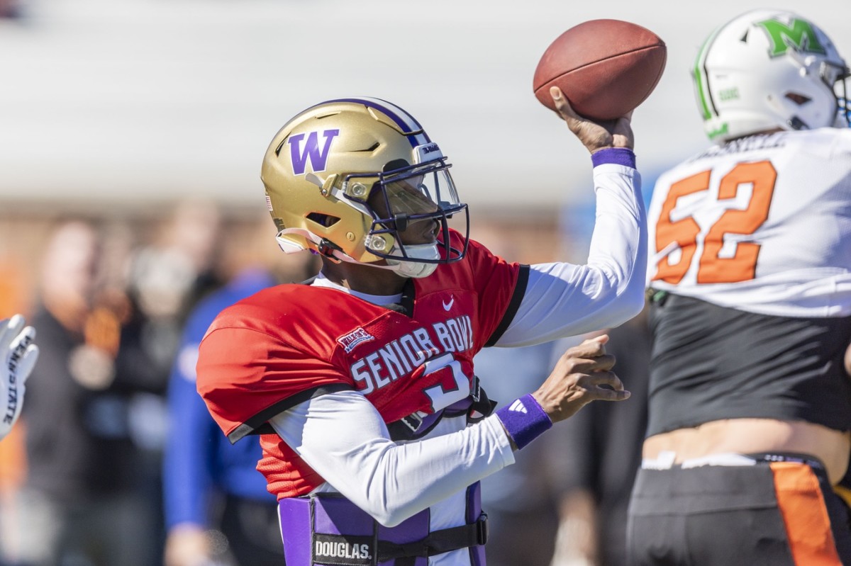 Washington quarterback Michael Penix Jr. goes through workouts at the Senior Bowl.