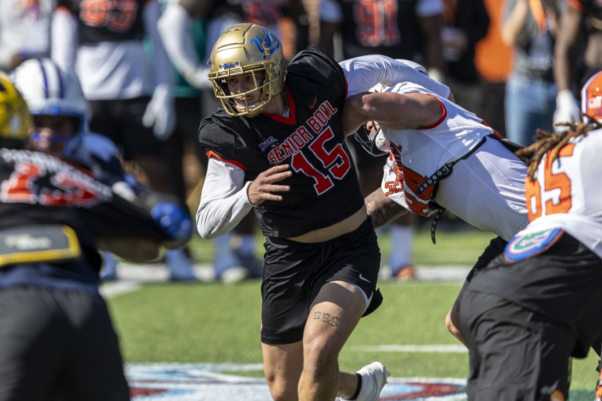 UCLA's Laiatu Latu goes through Senior Bowl workouts in Mobile, Alabama.