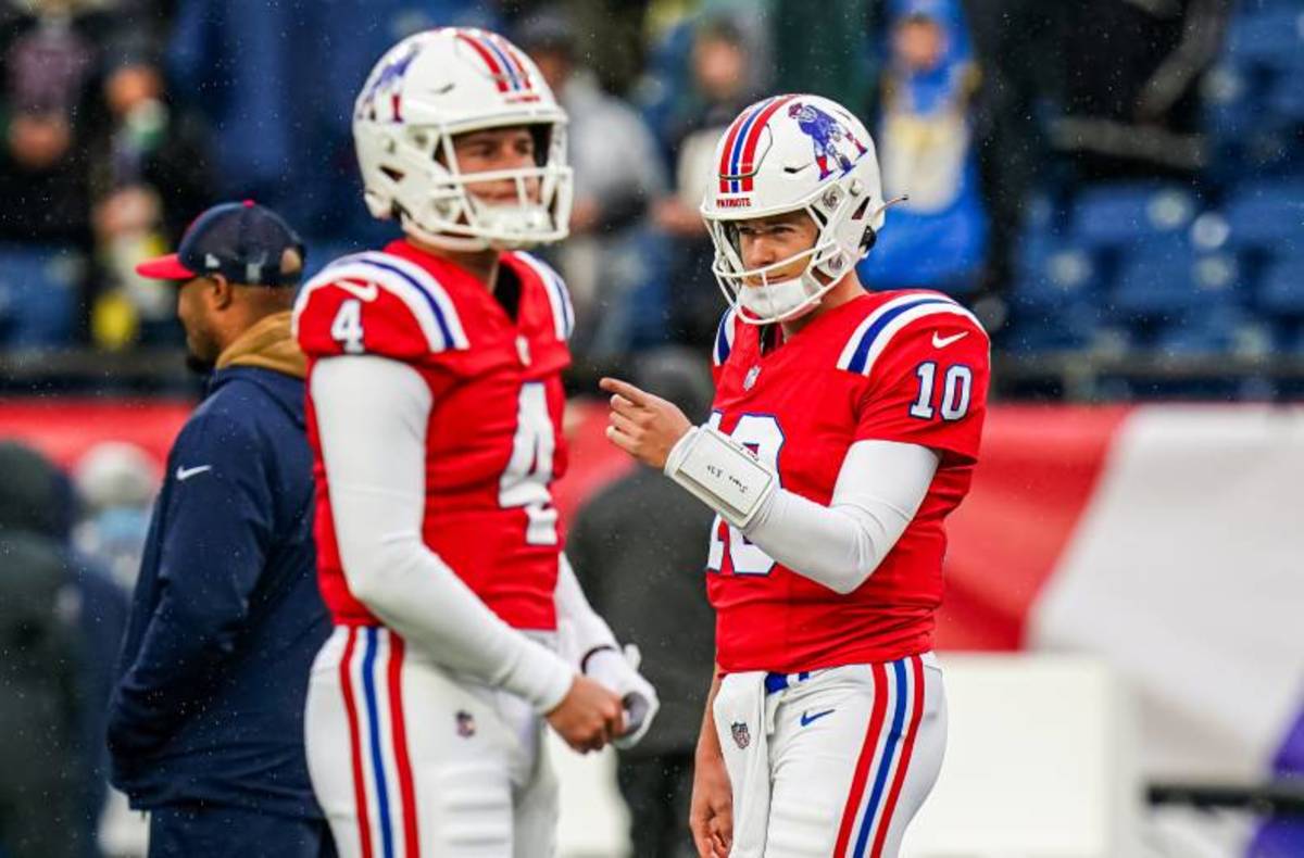 New England Patriots quarterbacks Mac Jones and Bailey Zappe