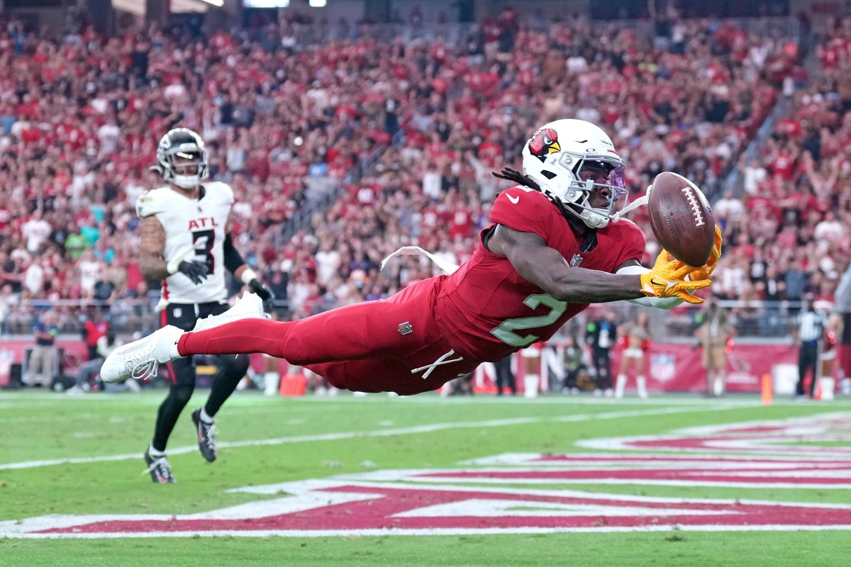 Nov 12, 2023; Glendale, Arizona, USA; Arizona Cardinals wide receiver Marquise Brown (2) is unable to catch a pass against the Atlanta Falcons during the first half at State Farm Stadium.