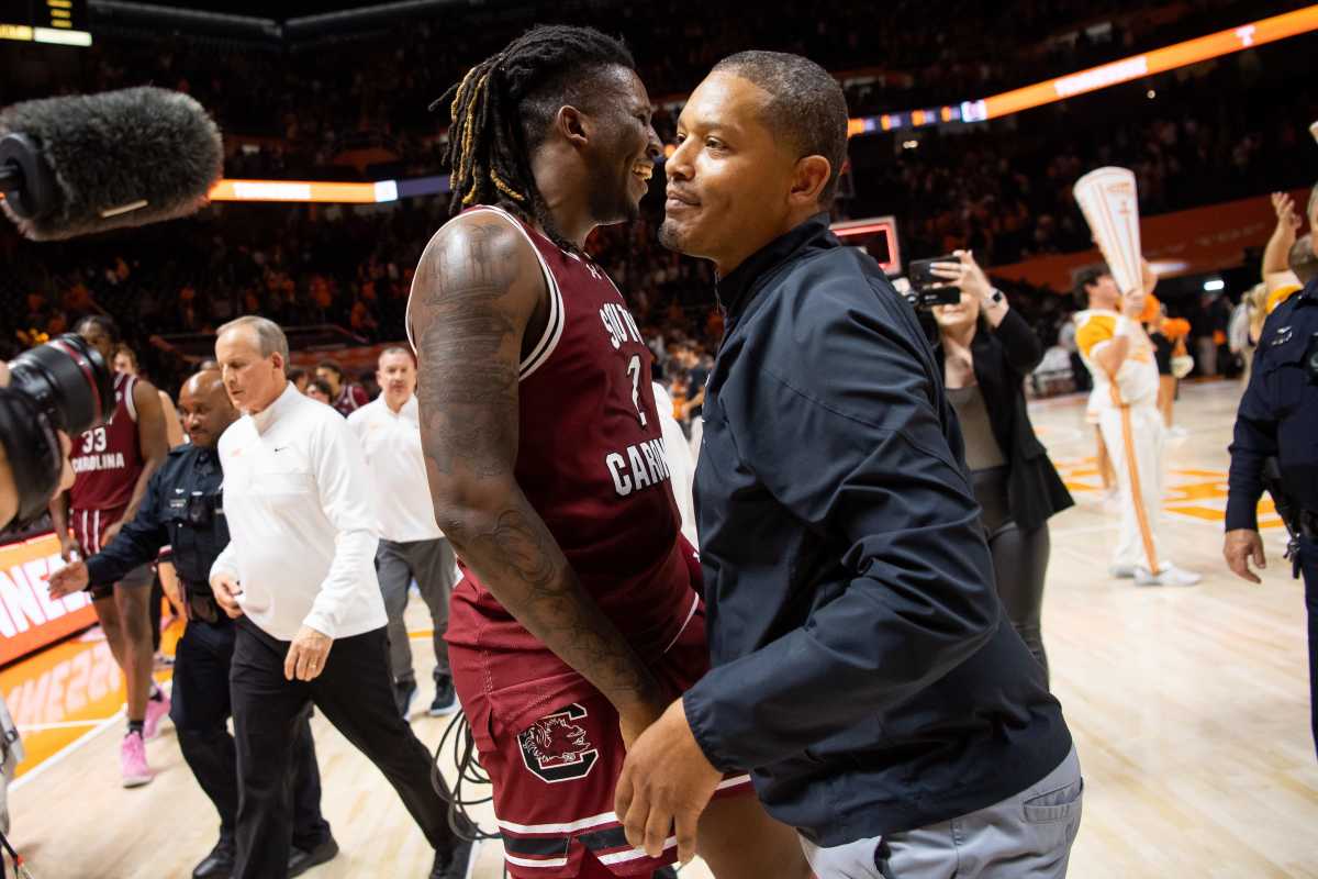 Lamont Paris and BJ Mack embracing one another after their win over No. 5 Tennessee (30th Jan., 2024)