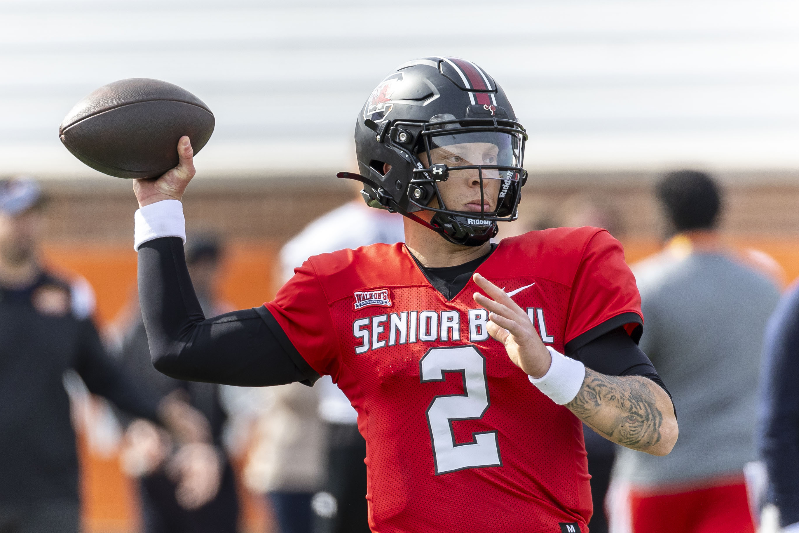 Spencer Rattler throwing the ball during Thursday's practice (1st Feb., 2024)