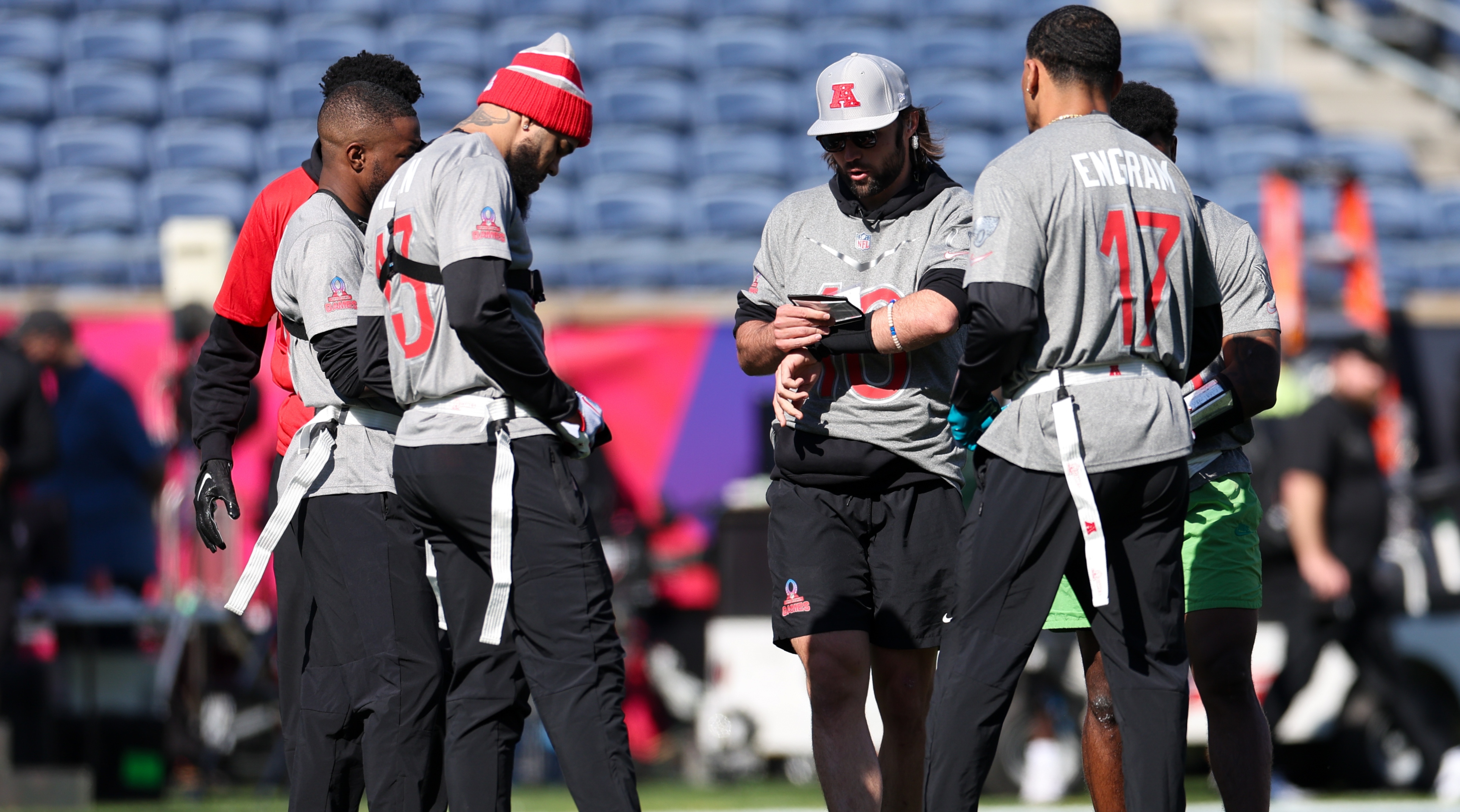 Indianapolis Colts quarterback Gardner Minshew (10) leads a huddle in the AFC versus NFC Pro Bowl practice.